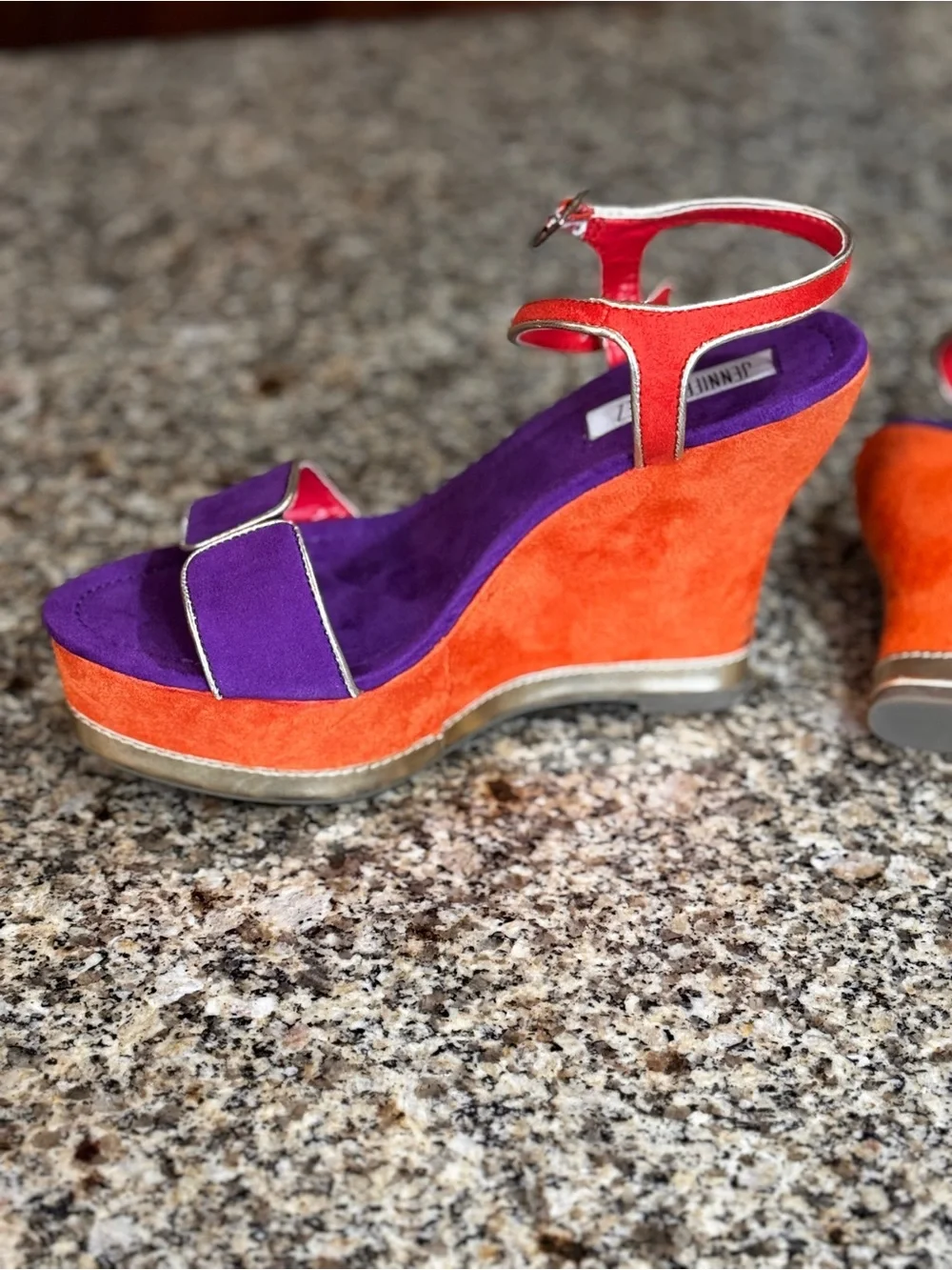 Jennifer Lopez Orange and Purple Suede Wedge Sandals